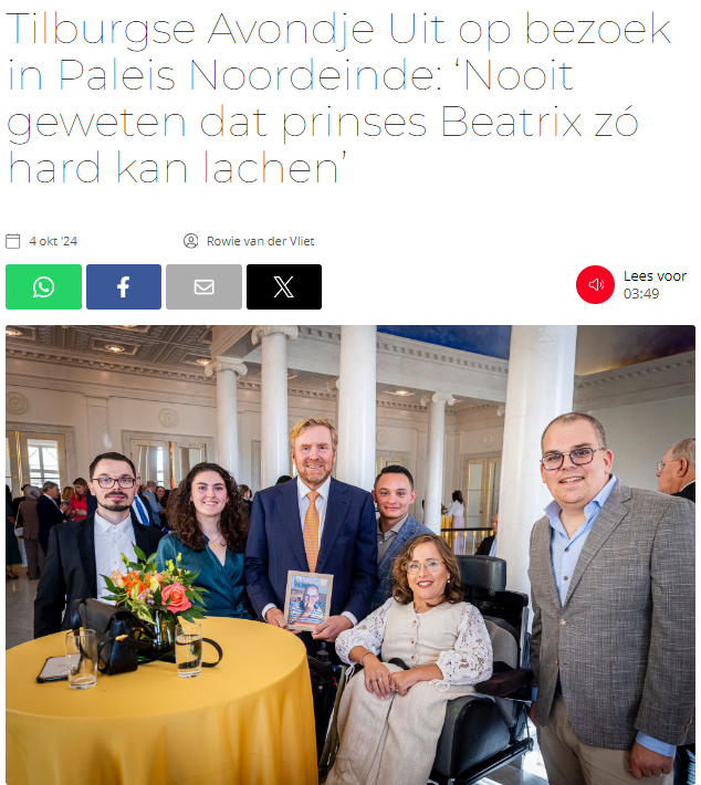 Tilburgse Avondje Uit op bezoek in Paleis Noordeinde: ‘Nooit geweten dat prinses Beatrix zó hard kan lachen’ Tilburgse Avondje Uit op bezoek in Paleis Noordeinde: ‘Nooit geweten dat prinses Beatrix zó hard kan lachen’