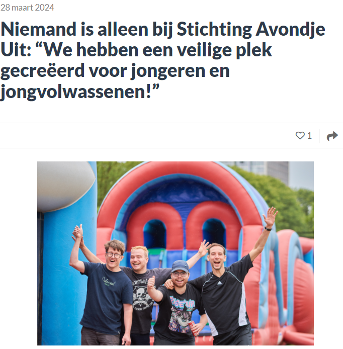 Niemand is alleen bij Stichting Avondje Uit: “We hebben een veilige plek gecreëerd voor jongeren en jongvolwassenen!” Niemand is alleen bij Stichting Avondje Uit: “We hebben een veilige plek gecreëerd voor jongeren en jongvolwassenen!”
