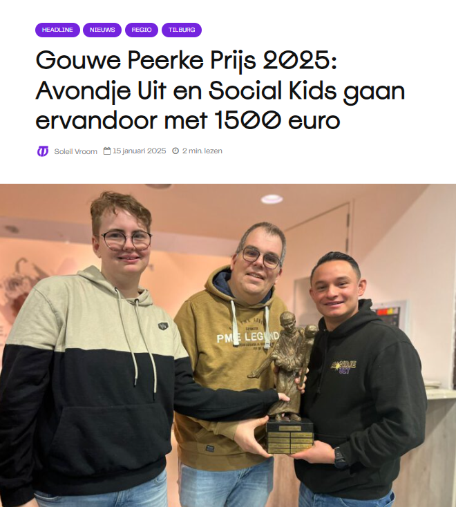 Gouwe Peerke Prijs 2025: Avondje Uit en Social Kids gaan ervandoor met 1500 euro Gouwe Peerke Prijs 2025: Avondje Uit en Social Kids gaan ervandoor met 1500 euro